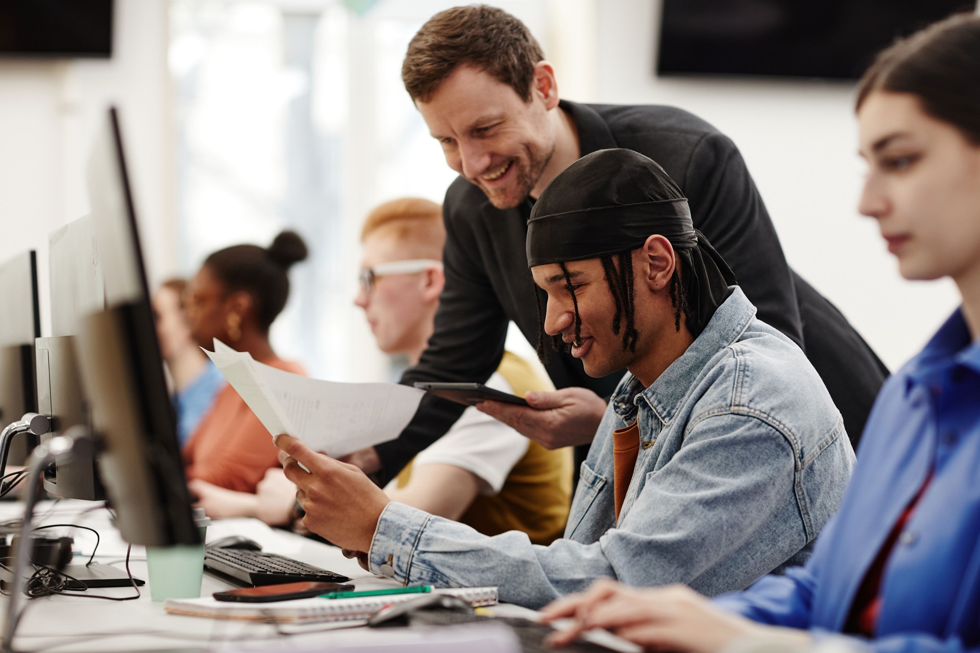 Smiling Students in Computer Lab